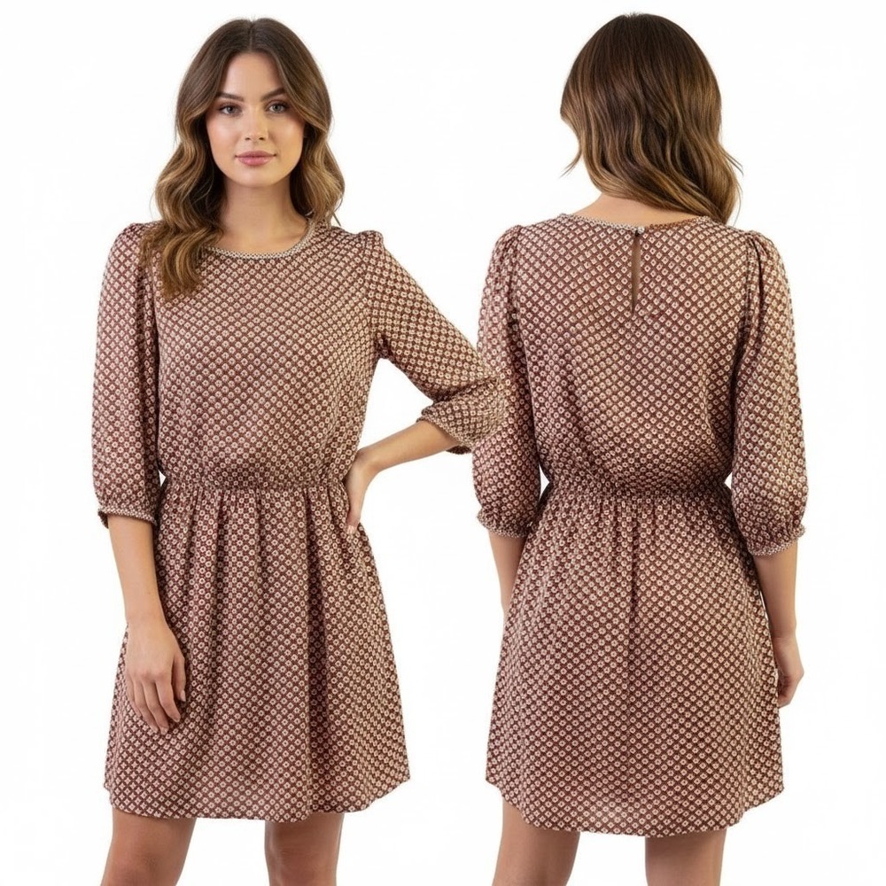 Altar'D State‎ Dress S Patterned Print Lace Trim Keyhole Elastic Waist Boho Chic